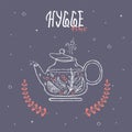 Hygge time with teapot on blue background